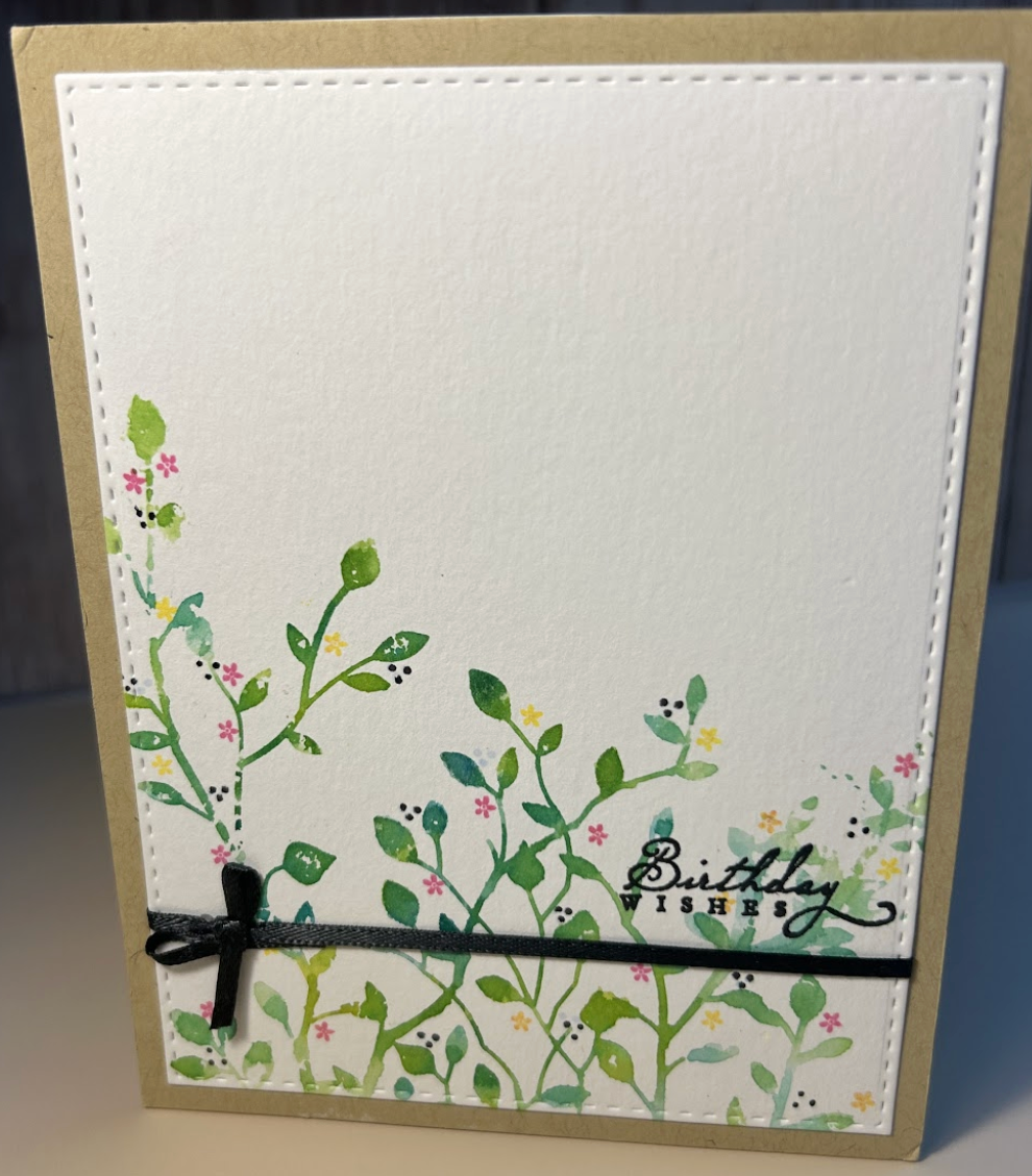 Happy Birthday-Green Vines, white background and black bow