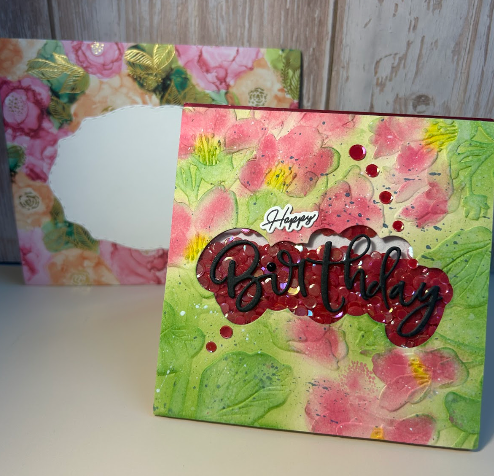 Happy Birthday- Encapsulated Glitter Floral Pink and Green