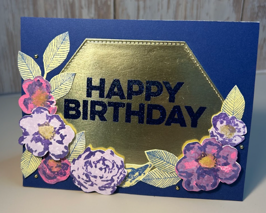 Happy Birthday- Navy Blue and Gold Floral- Horizontal Card