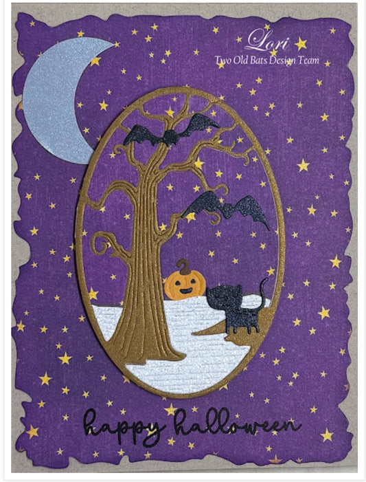 Happy Halloween ~ LK ~ Purple background with Black cat & Pumpkin under tree